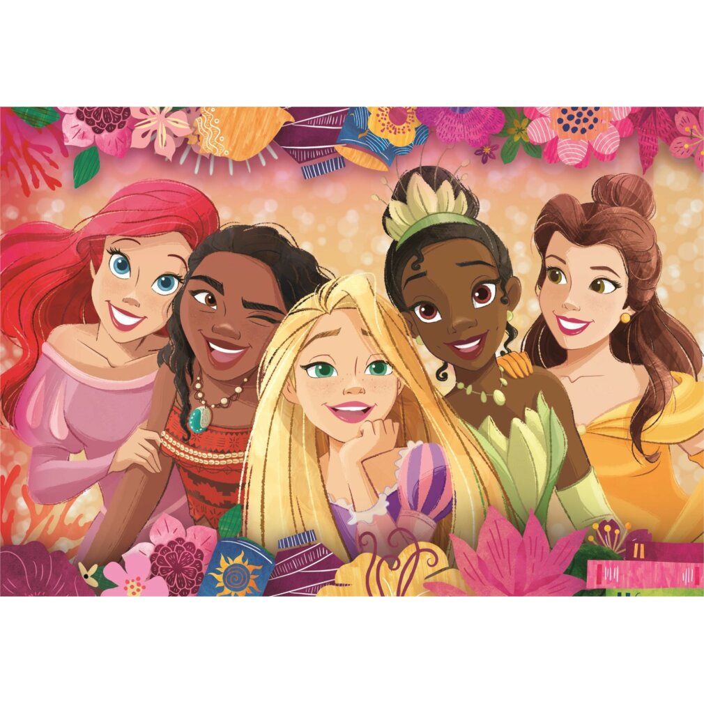Puzzle con principesse Disney. Cinque principesse su sfondo floreale. Senza confezione.
