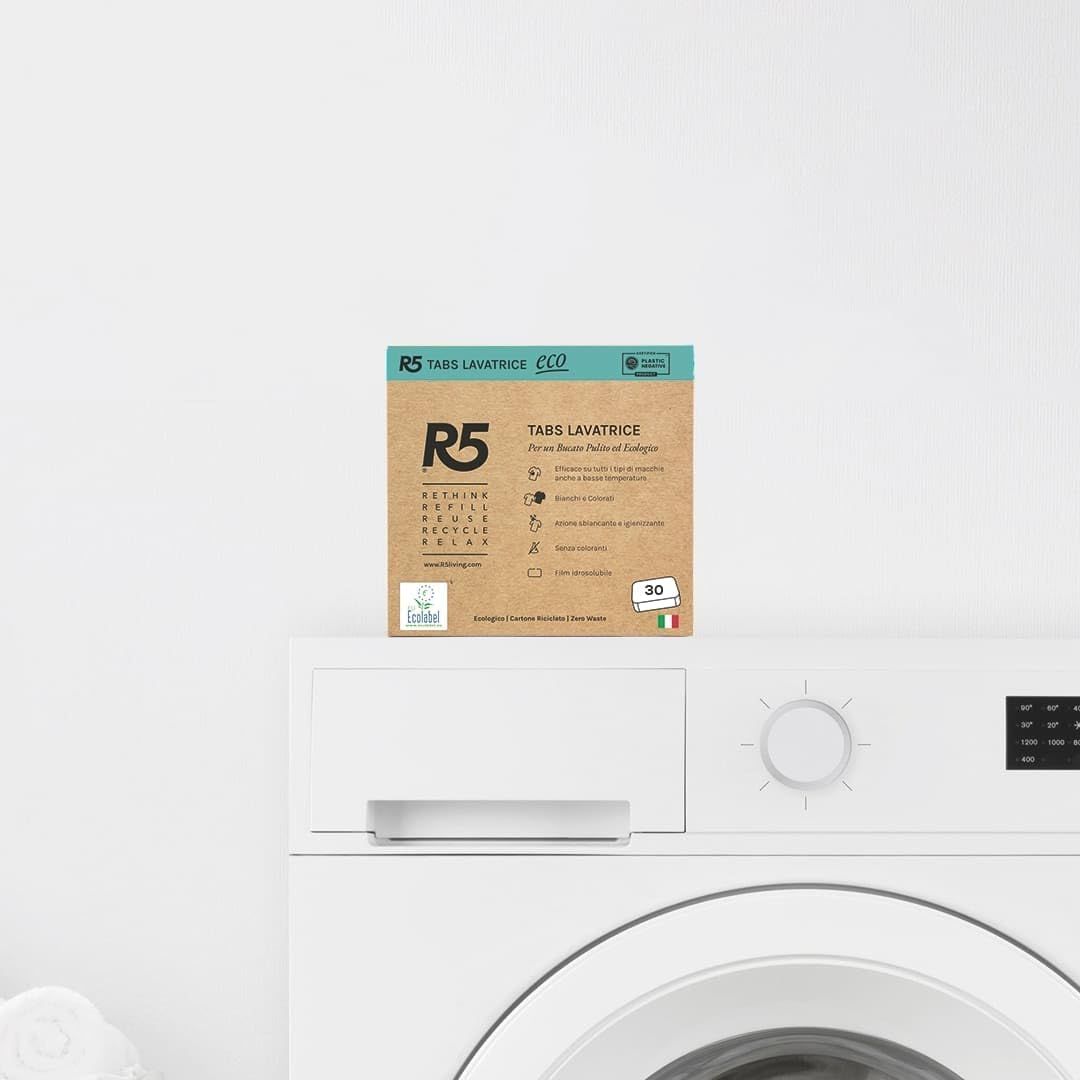 R5 Eco Tabs Lavatrice 30 Pastiglie, Tensioattivi Vegetali, Senza Coloranti, Ecolabel