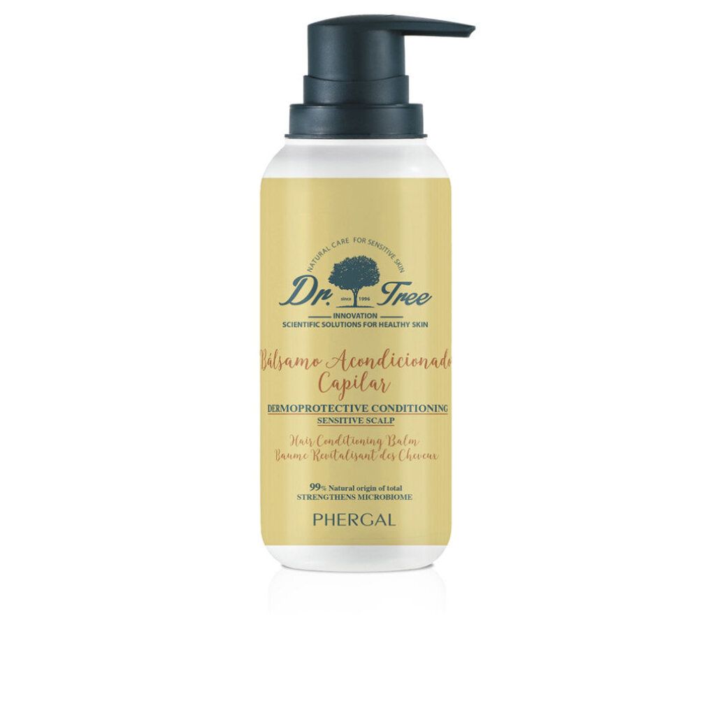 Flacone con dosatore. Scritta: Balsamo Acondicionado Capilar, Hair Conditioning Balm. Marchio: Dr. Tree.