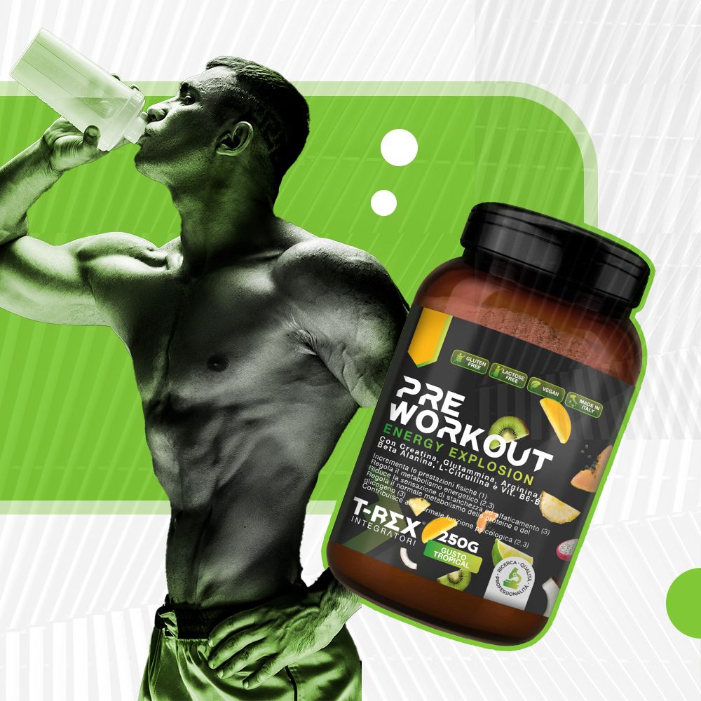 Uomo che beve da una bottiglia. Accanto, un barattolo 'Pre Workout Energy Explosion'.