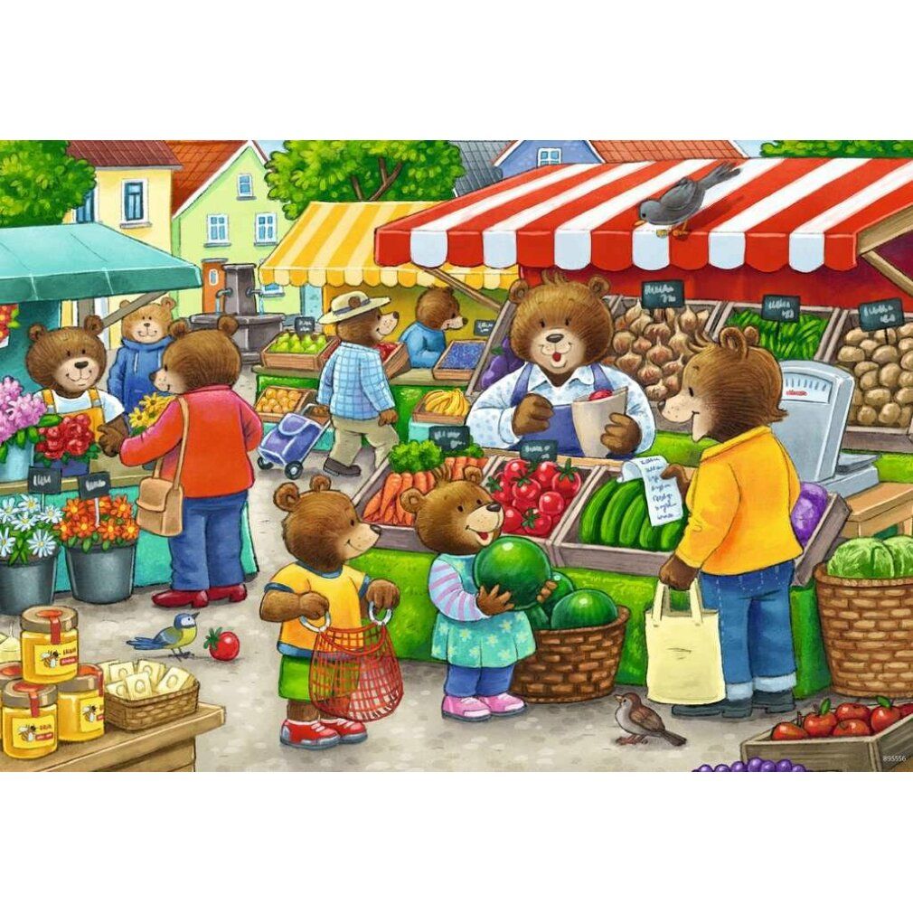 Immagine del puzzle: orsi al mercato. Gli orsi vendono e comprano cibo. Verdure, frutta, fiori e miele sono visibili.