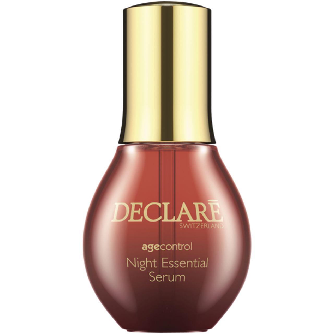 Flacone di siero rosso con tappo dorato. Scritta: DECLARE, agecontrol Night Essential Serum.