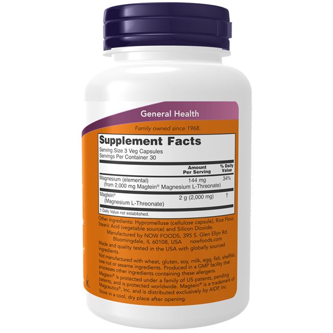 Flacone bianco con tappo viola. Etichetta con informazioni nutrizionali e ingredienti. Testo: Magnesium L-Threonat, 90 Veg-Kapseln.