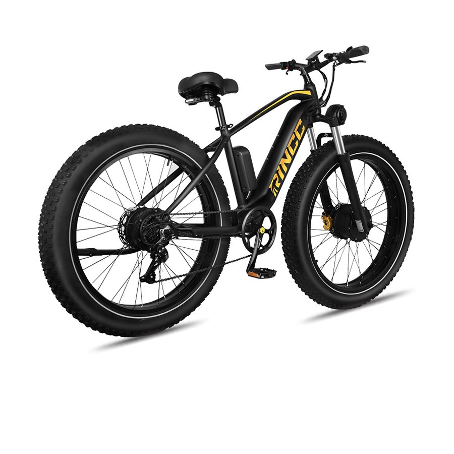 E-MTB nero, vista laterale. Logo Rincc, pneumatici larghi. Batteria e cambio visibili.