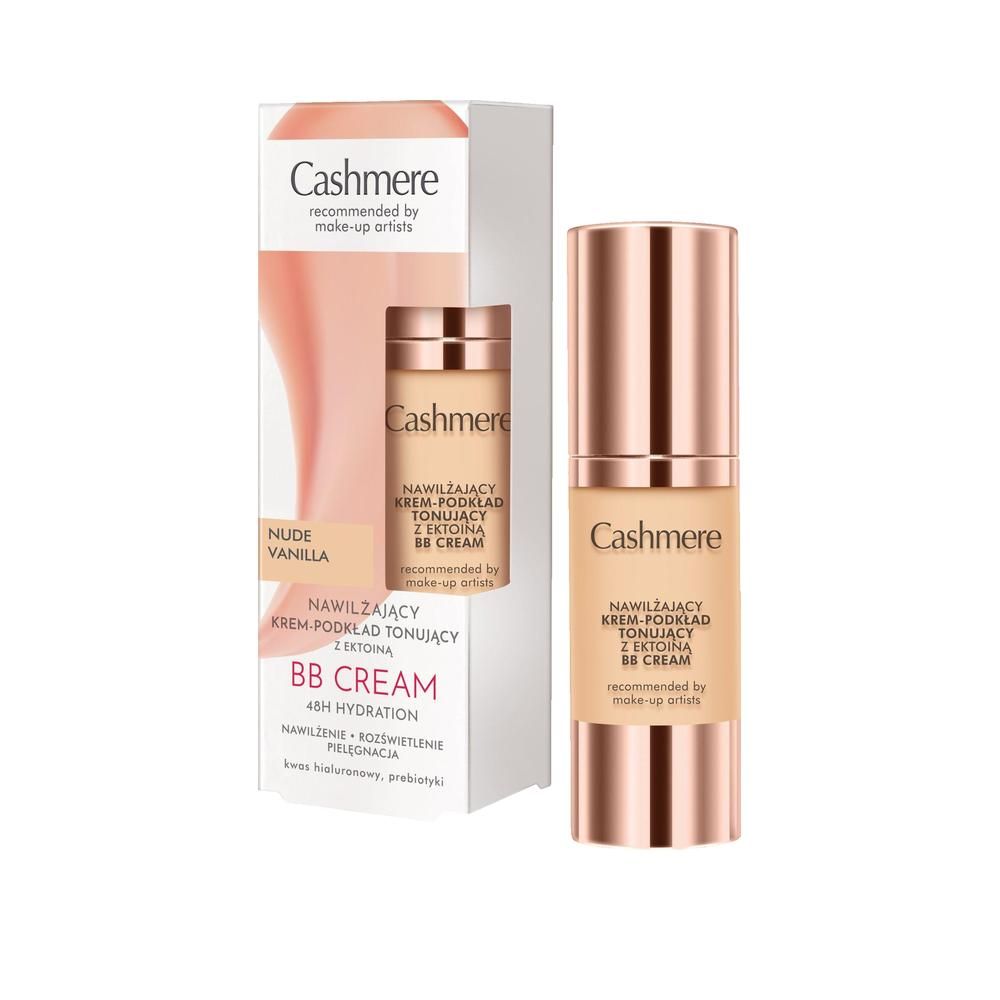 Flacone e confezione di crema BB Cashmere. Testo: Cashmere, BB Cream, Nude Vanilla, consigliato dai truccatori.