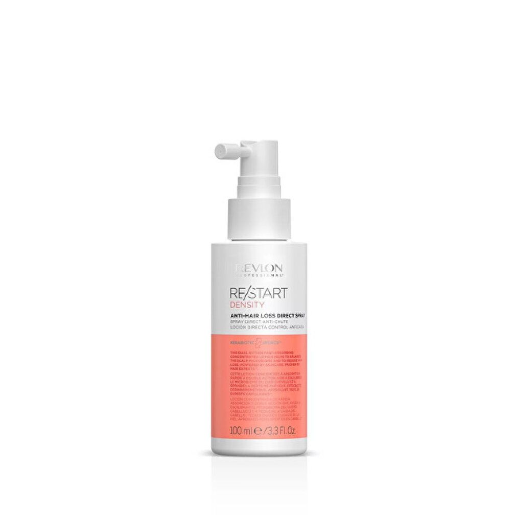 Flacone spray bianco con fascia arancione. Scritta: RE/START DENSITY Anti-caduta Direct Spray. 100ml/3.3 FL.OZ.