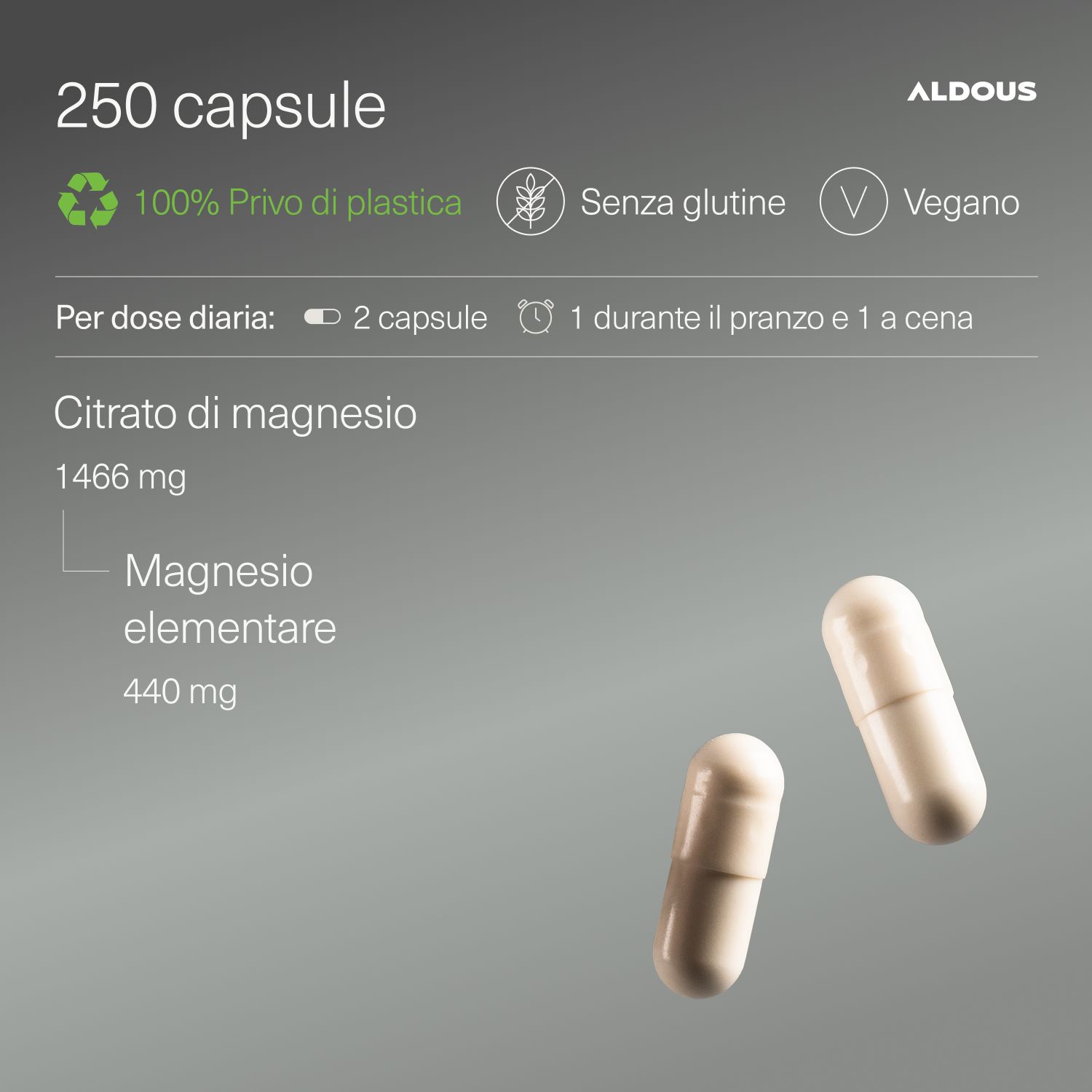 Due capsule accanto al testo. Testo: 250 capsule, 100% Privo di plastica, Senza glutine, Vegano. Citrato di magnesio, 1466 mg.