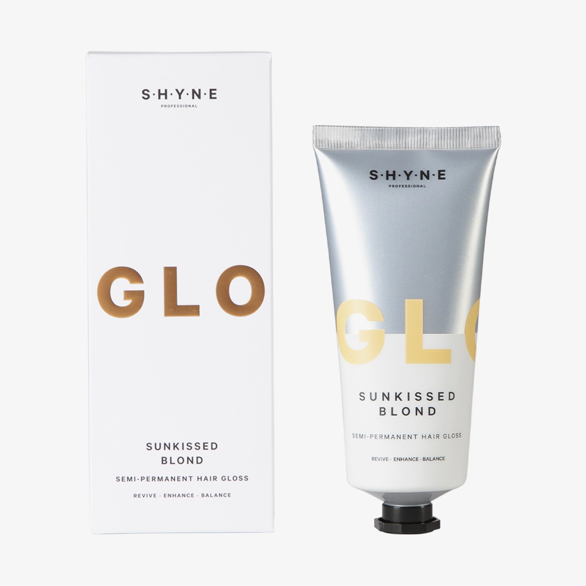 SHYNE Gloss Sunkissed Blond, tubo e confezione. Confezione bianca con scritta gialla GLOW. Tubo con nome del prodotto.