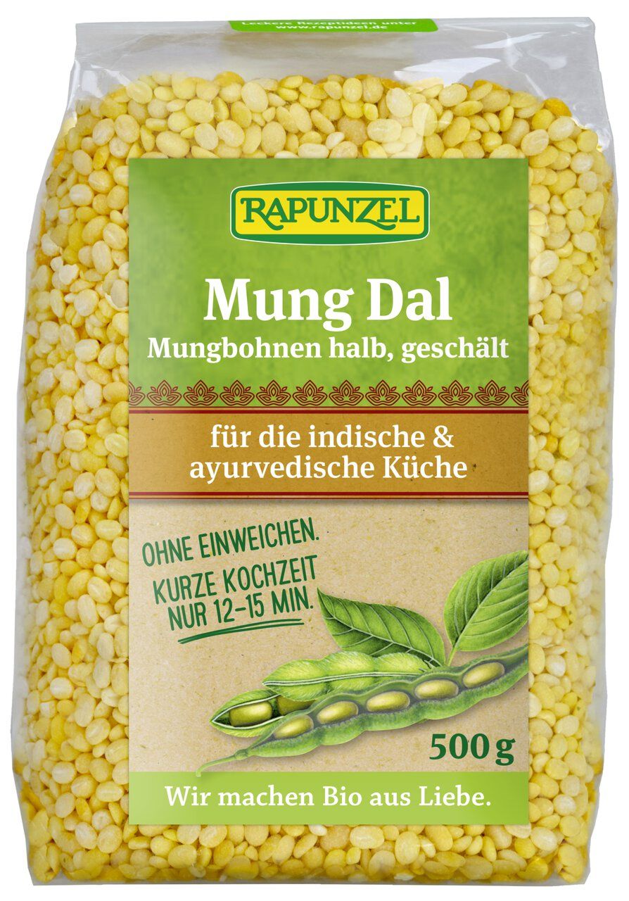 Rapunzel Mung Dal, fagioli mungo dimezzati e decorticati, confezione da 500g.