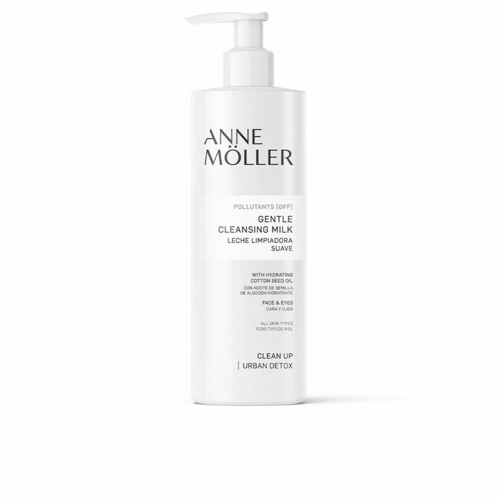 Flacone bianco con dosatore. Scritta: ANNE MÖLLER, Gentle Cleansing Milk. Testo in inglese e spagnolo. Per tutti i tipi di pelle.