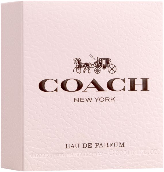 Confezione rosa con logo Coach e motivo carrozza. Testo: COACH NEW YORK, Eau de Parfum.