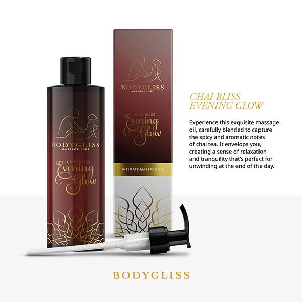 Flacone e scatola. Scritta: BodyGliss Massage Lube, Chai Bliss Evening Glow. Erogatore nero. Testo sull'olio da massaggio.