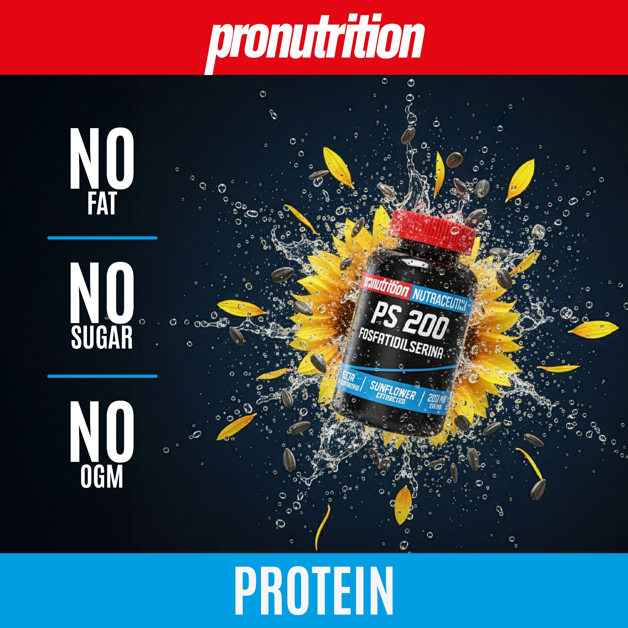 Flacone nero con tappo rosso. Scritta PS 200, Fosfatidilserina. Spruzzi d'acqua, girasole.