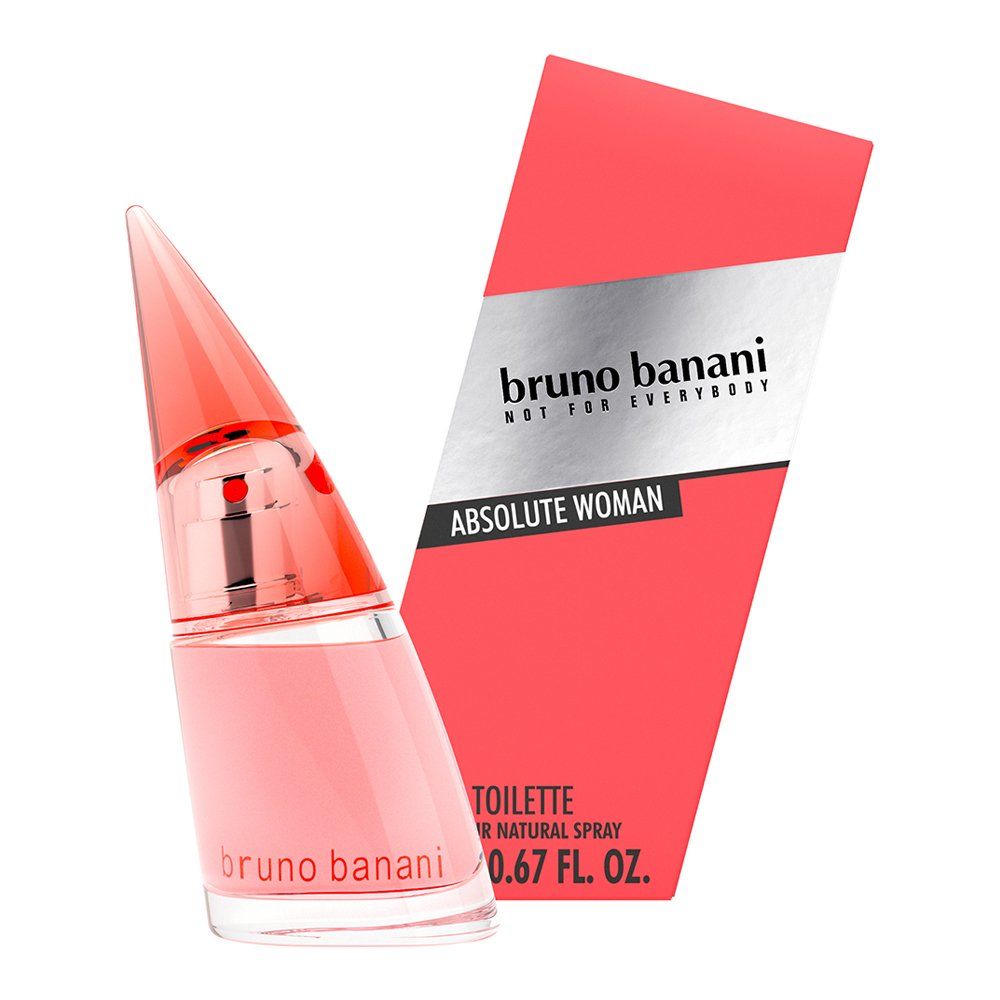 Flacone e confezione rosa. Scritta: Bruno Banani Absolute Woman. 0.67 FL. OZ.