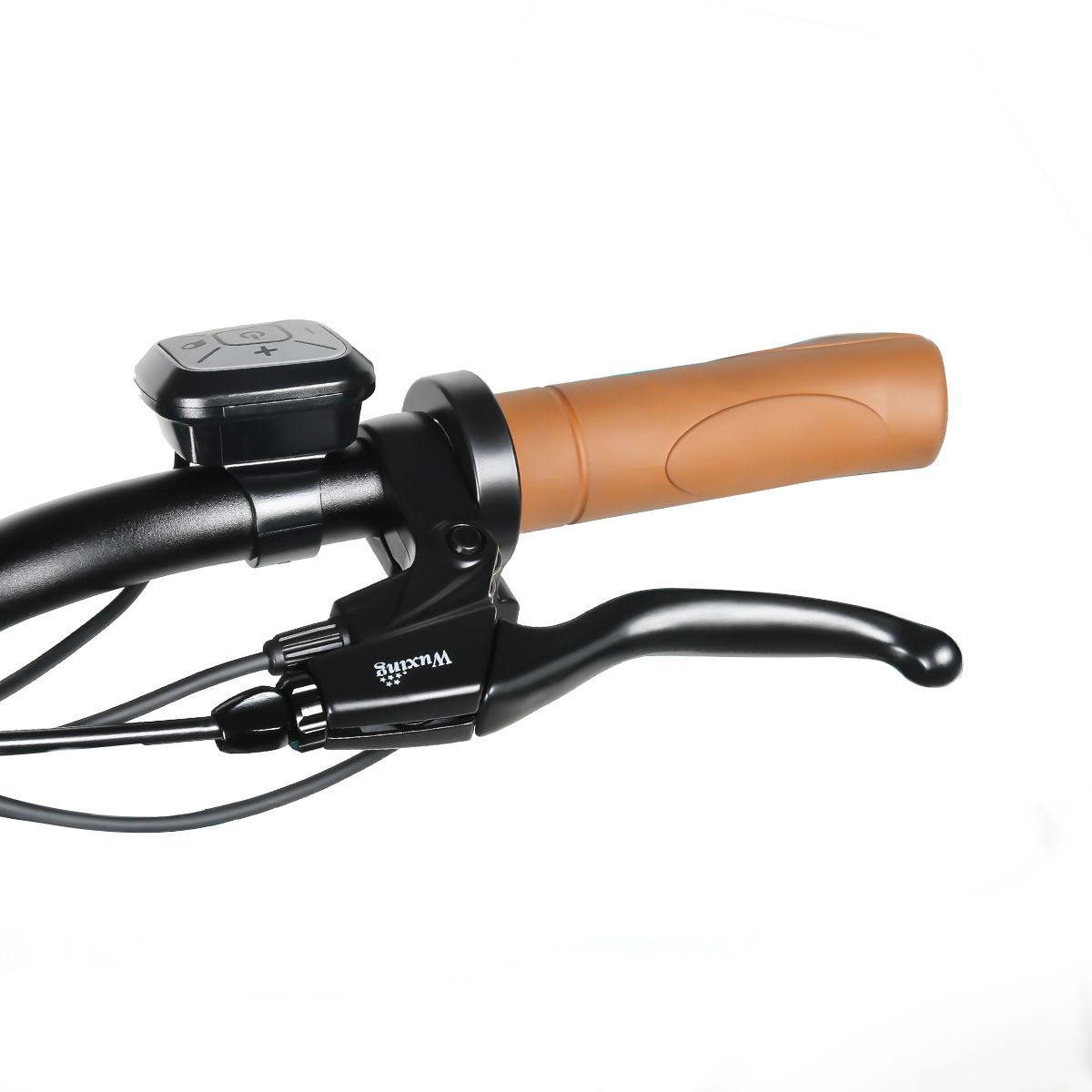 Manubrio con impugnatura marrone, leva del freno e comandi. Dettagli neri.