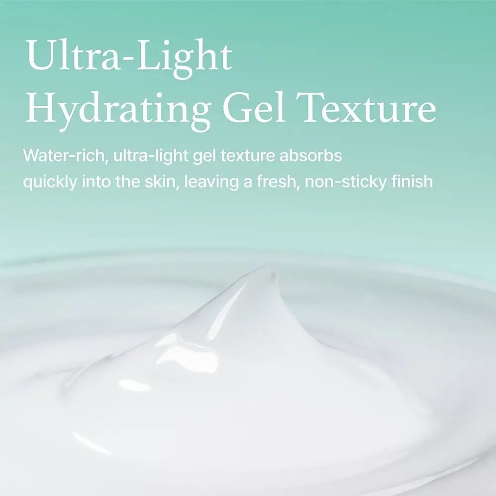 Primo piano di gel bianco. Testo: Ultra-Light Hydrating Gel Texture. Texture gel ultra-leggera e ricca d'acqua, assorbimento rapido, finitura fresca.