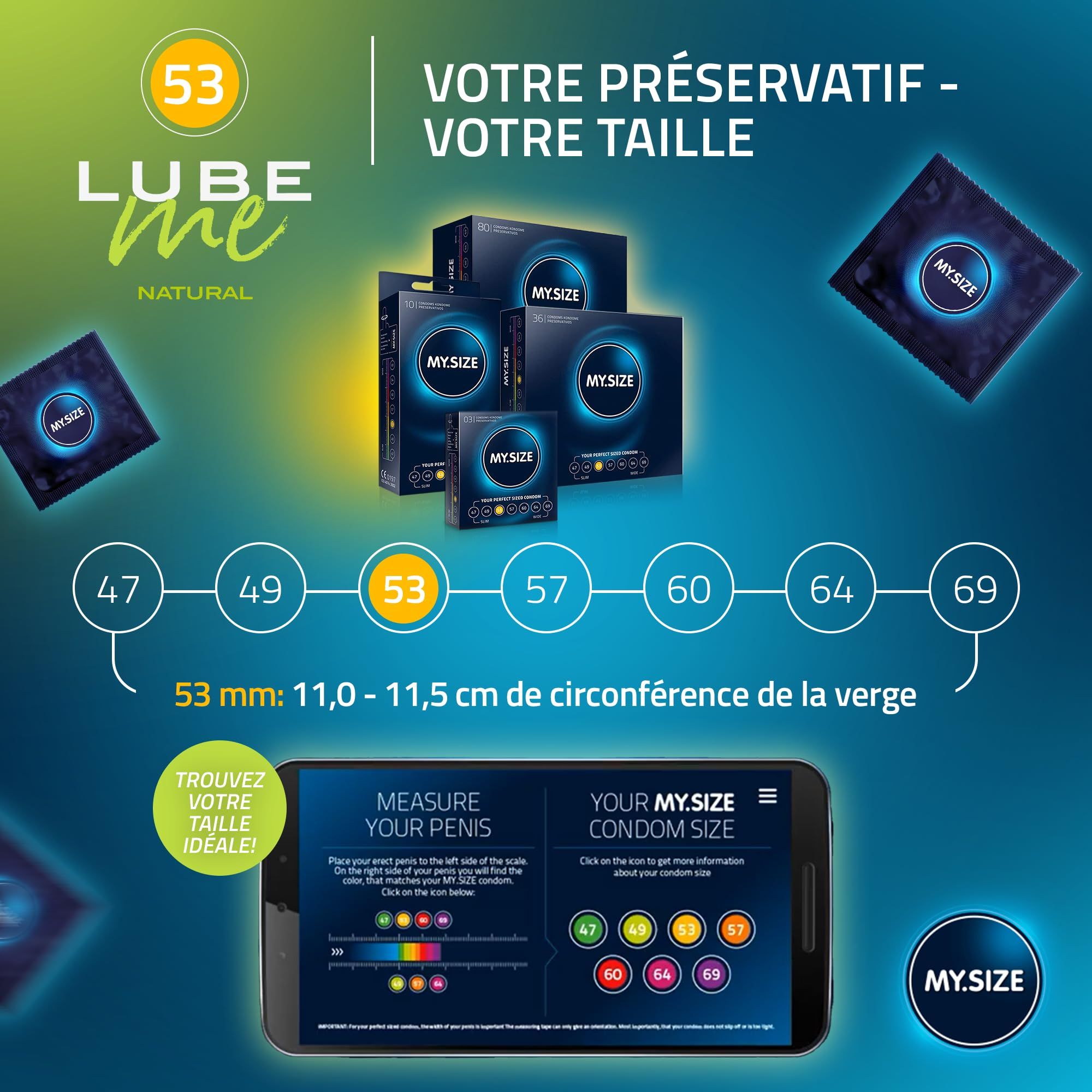 Diverse confezioni e preservativi singoli MY.SIZE in varie misure (47-69 mm).