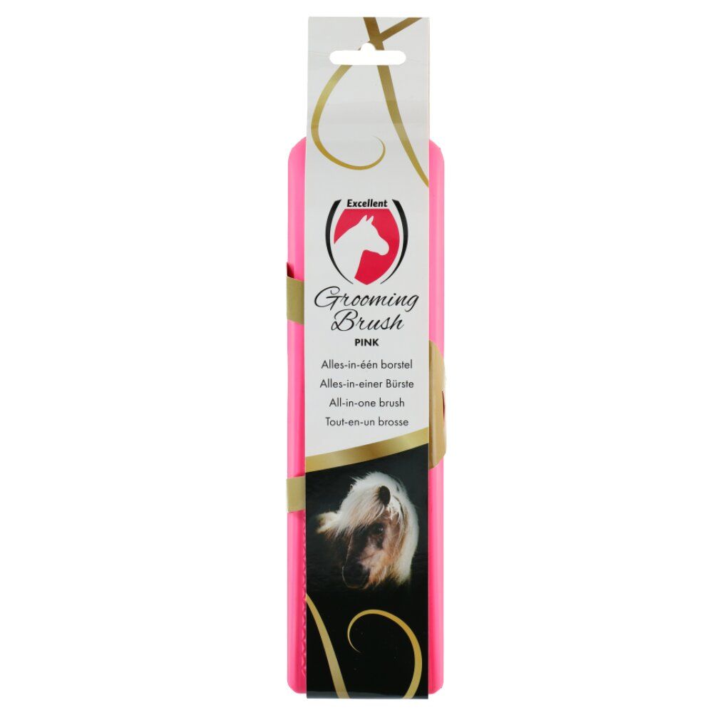 Spazzola per cavalli rosa in confezione. Testo: Grooming Brush, Pink. Immagine di una testa di cavallo.