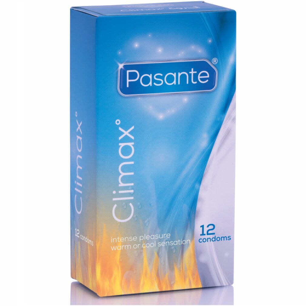 Scatola di preservativi Pasante Climax°. 12 pezzi. Scritto: Intense pleasure, warm or cool sensation.