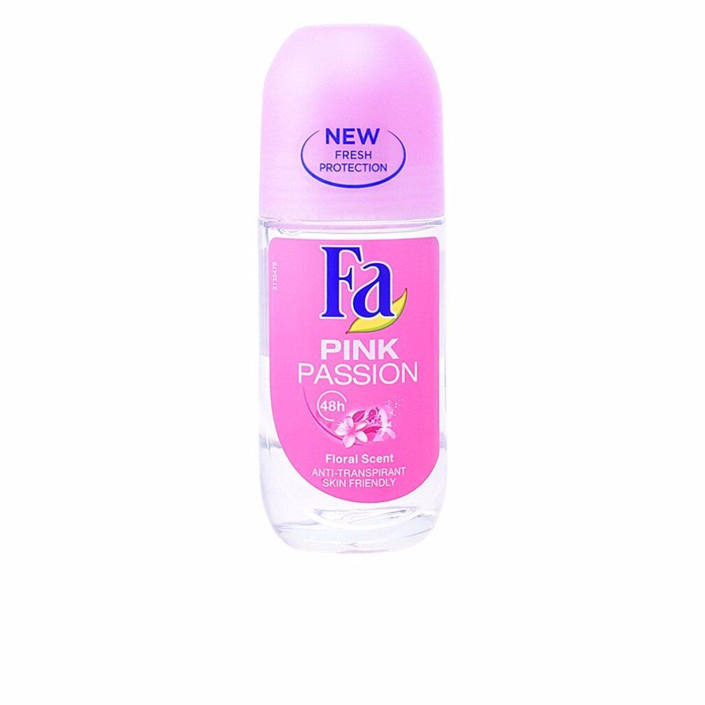 Deodorante roll-on rosa. Scritta: Fa Pink Passion, profumo floreale, anti-traspirante, delicato sulla pelle. Con "New Fresh Protection".