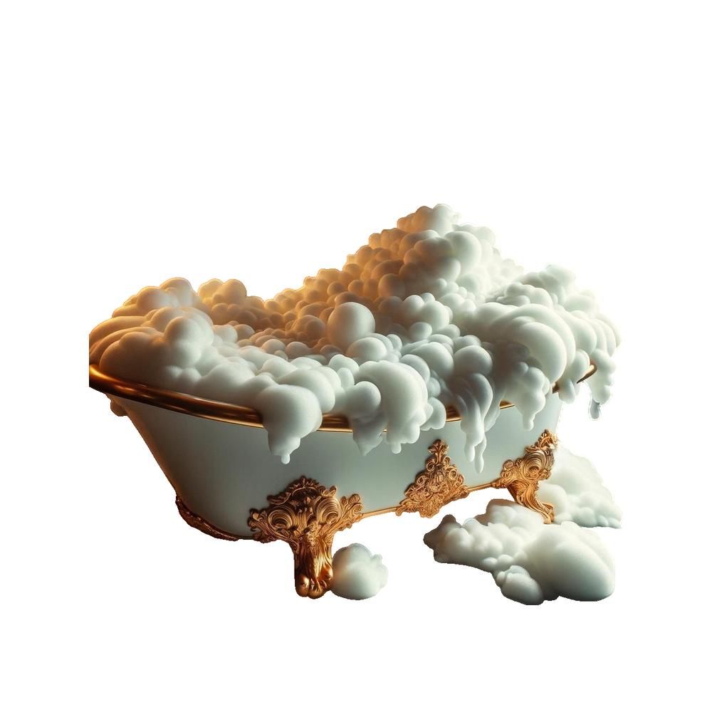 Vasca da bagno con decorazioni dorate, piena di schiuma. La schiuma trabocca.