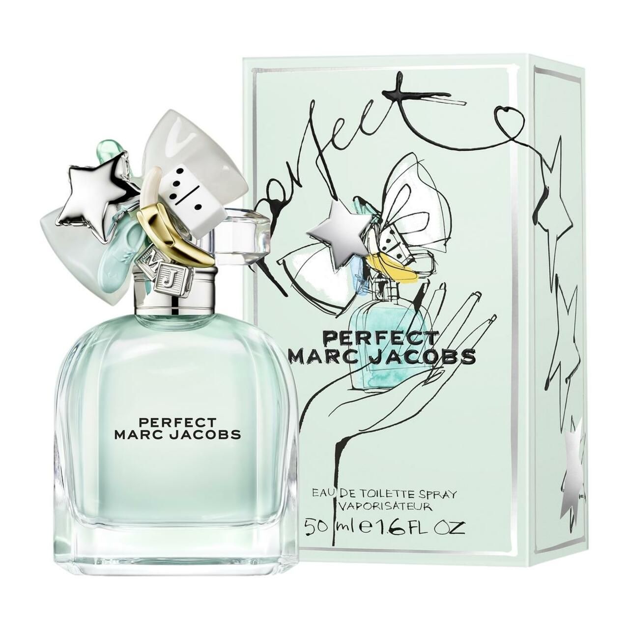 Flacone e confezione. Flacone con liquido verdognolo. Confezione con scritta "PERFECT MARC JACOBS" e illustrazione.