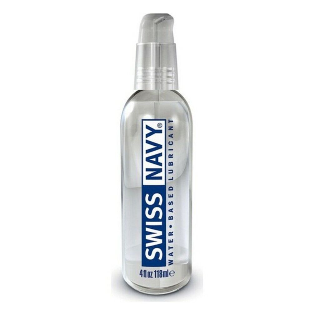 Flacone trasparente con dosatore a pompa. Etichetta blu "SWISS NAVY WATER BASED LUBRICANT". Sotto: "4 fl oz 118ml".