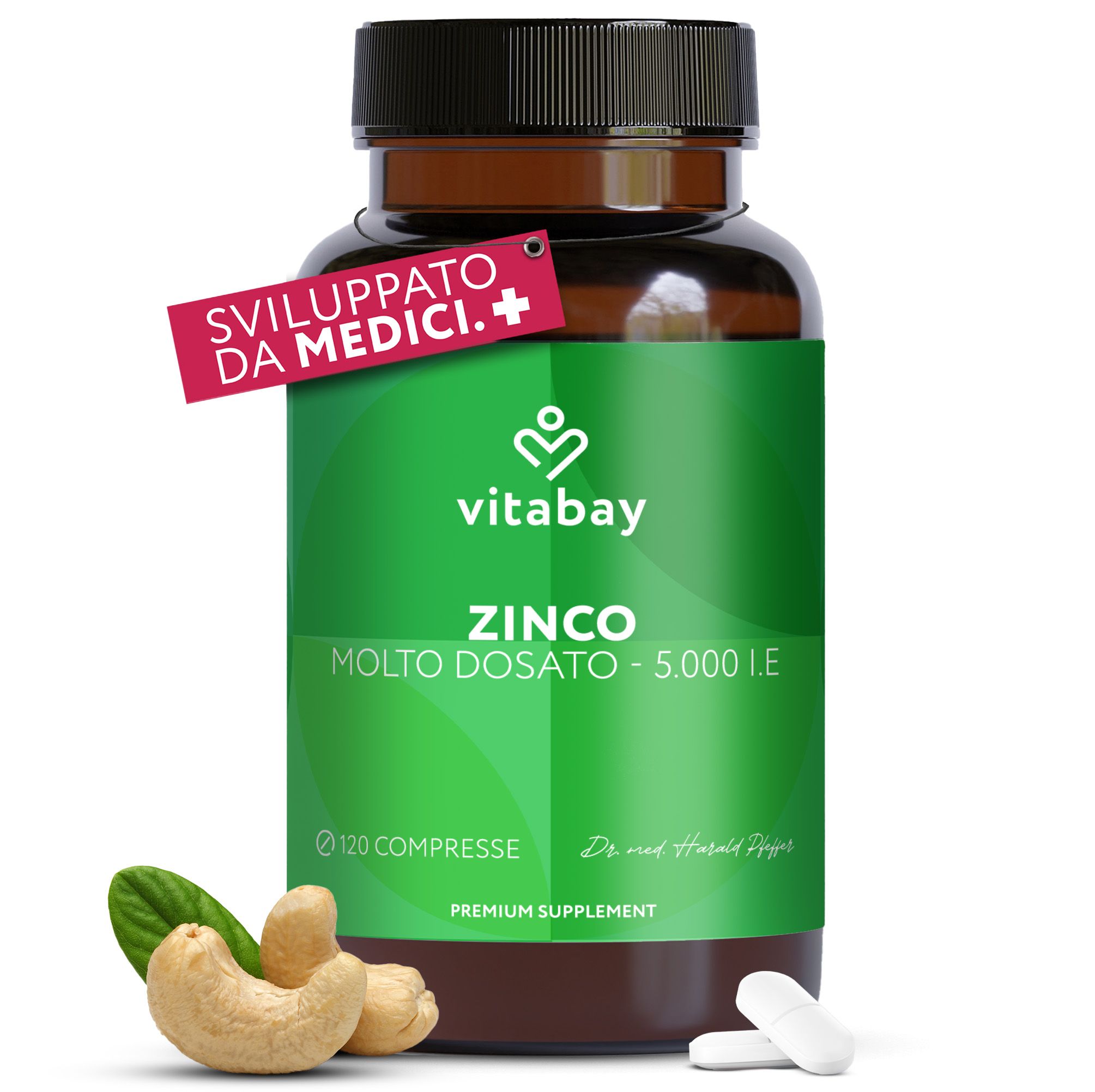 Flacone marrone con etichetta verde "vitabay ZINKO MOLTO DOSATO - 5.000 I.E.". Contiene 120 compresse. Etichetta "Sviluppato da Medici".