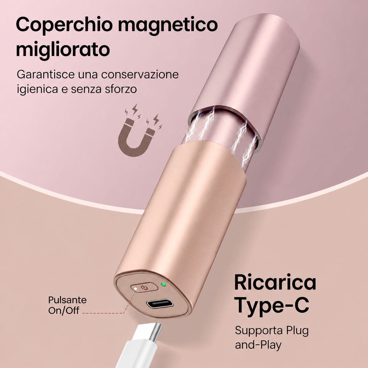 Epilatore viso rosa con coperchio magnetico. Testo: Ricarica Type-C. Pulsante On/Off. Porta USB-C. Cavo di ricarica bianco.