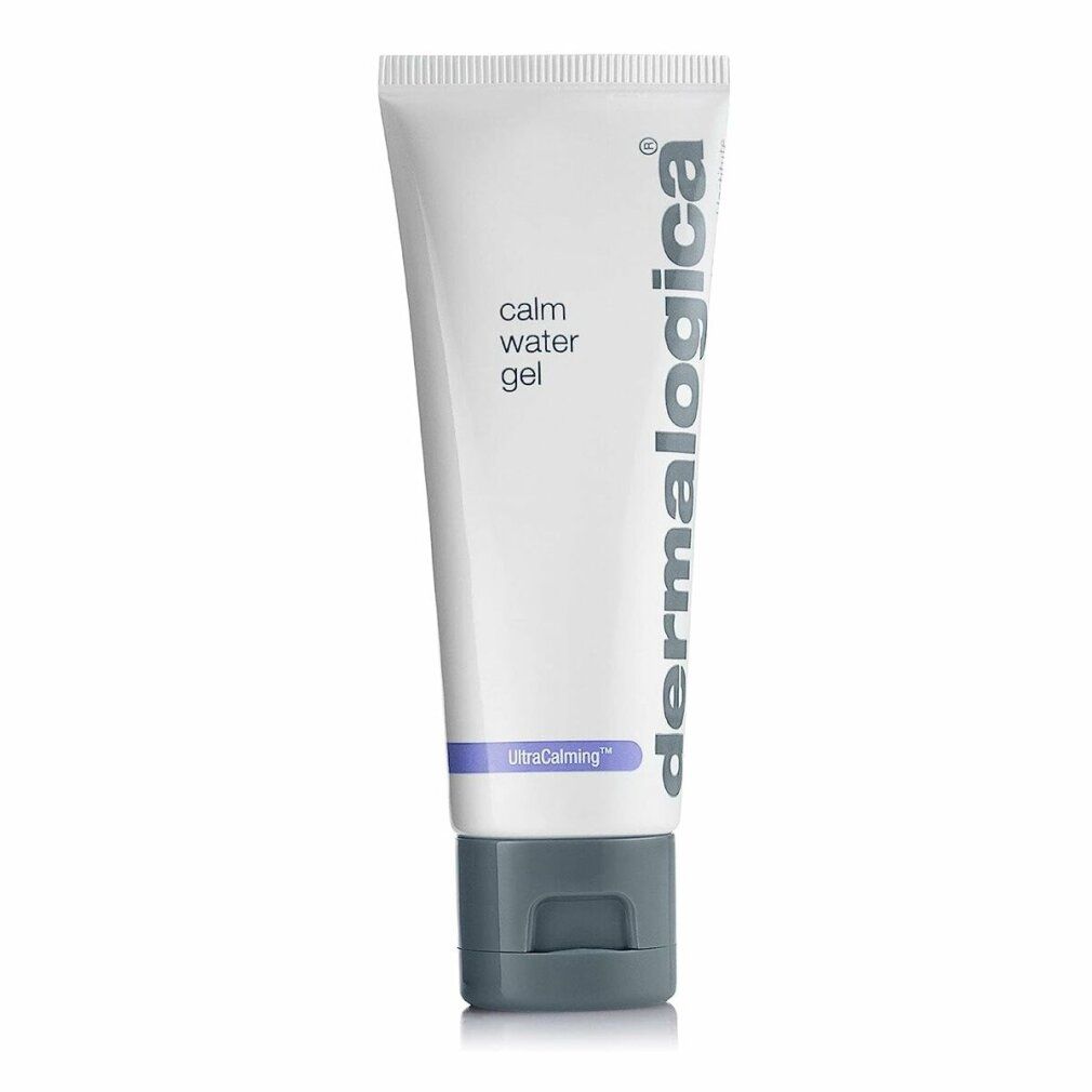 Tubo bianco con tappo grigio. Scritta: calm water gel, dermalogica. Scritta blu: UltraCalming.