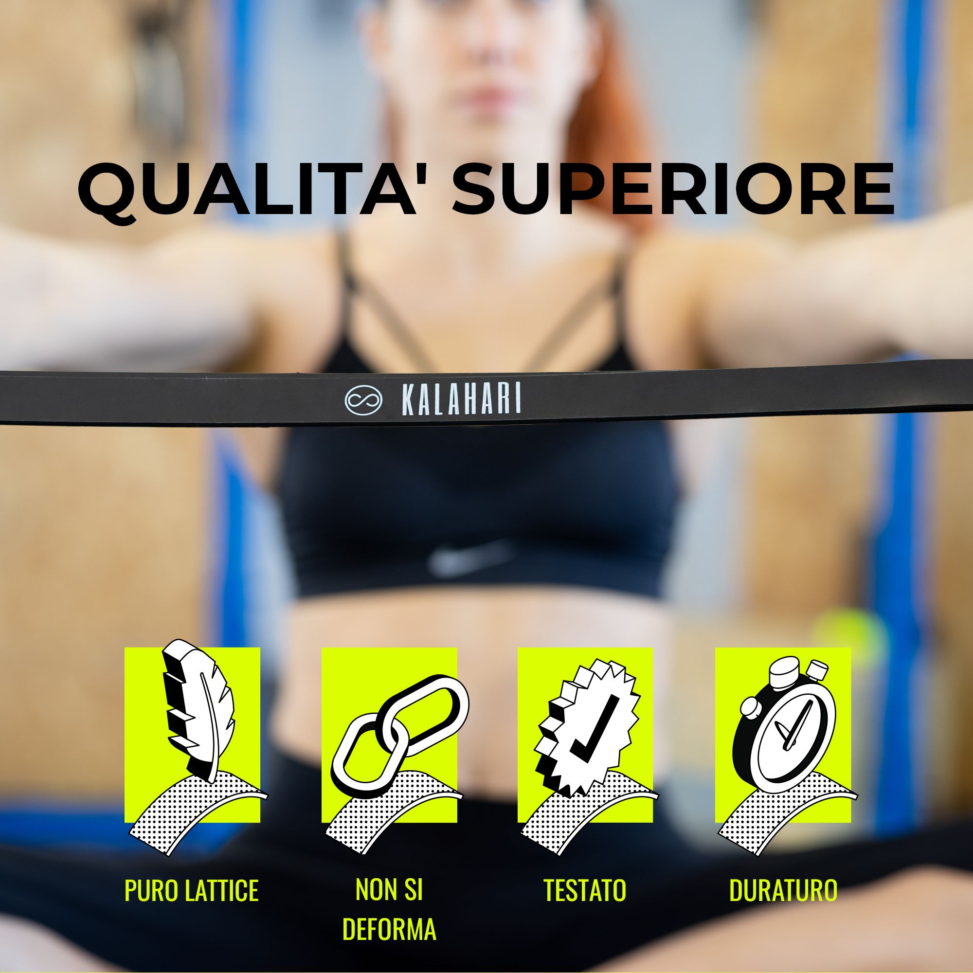Fascia elastica nera arrotolata con logo "KALAHARI" e smartphone che mostra un e-book di esercizi.