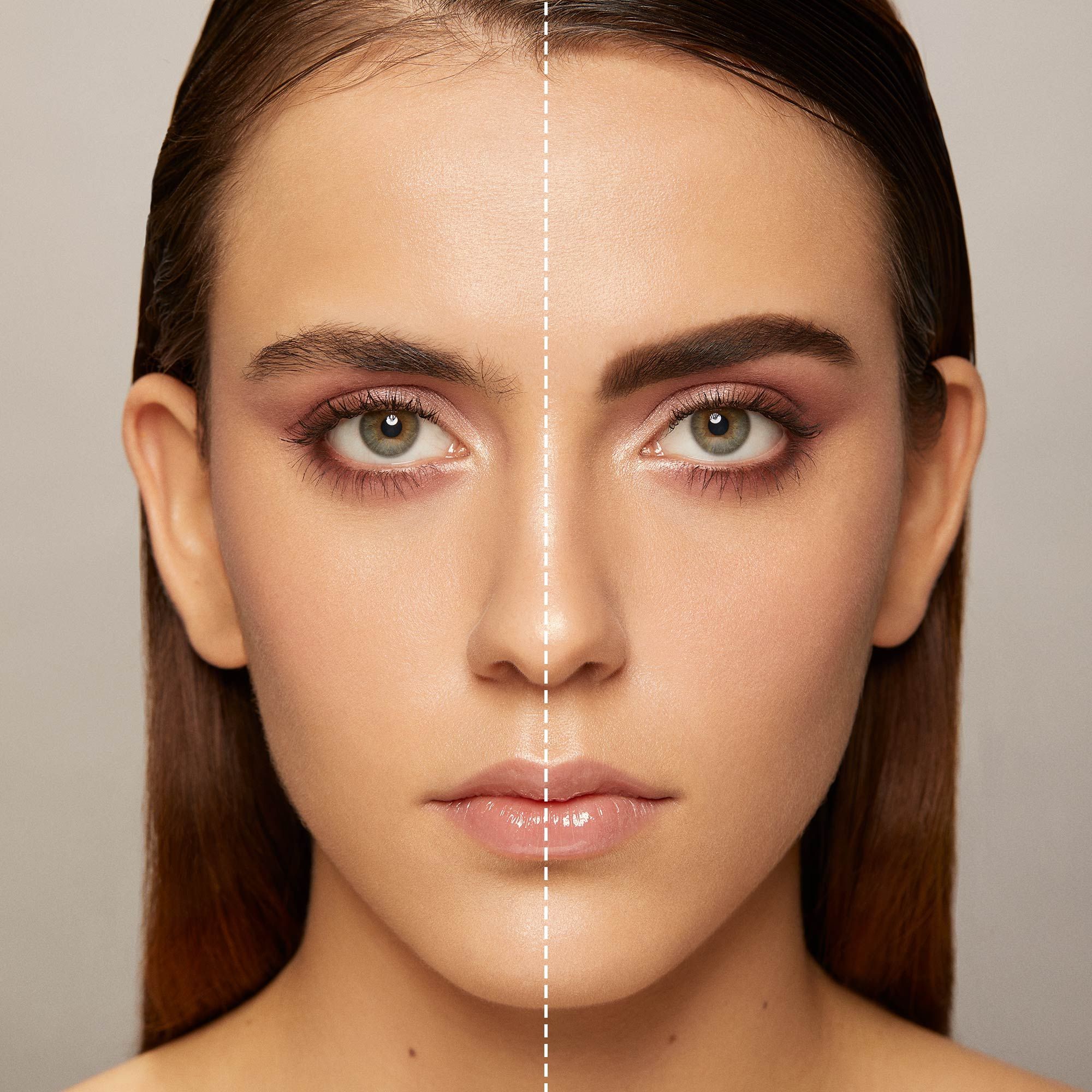 Volto di donna, diviso da una linea tratteggiata, lato sinistro senza trucco, lato destro con sopracciglia accentuate.