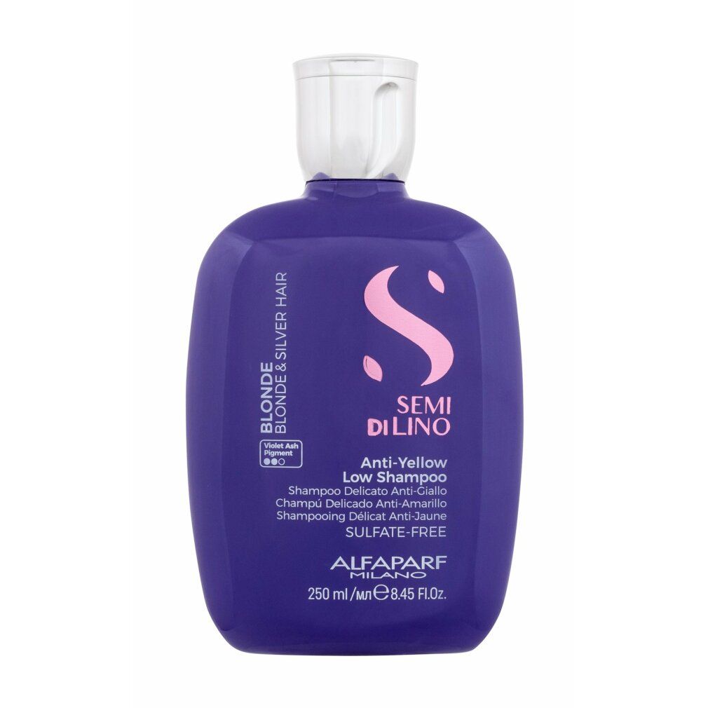 Flacone di shampoo viola con tappo bianco. Scritta: Semi Di Lino Blonde & Silver Hair, Anti-Yellow Low Shampoo.