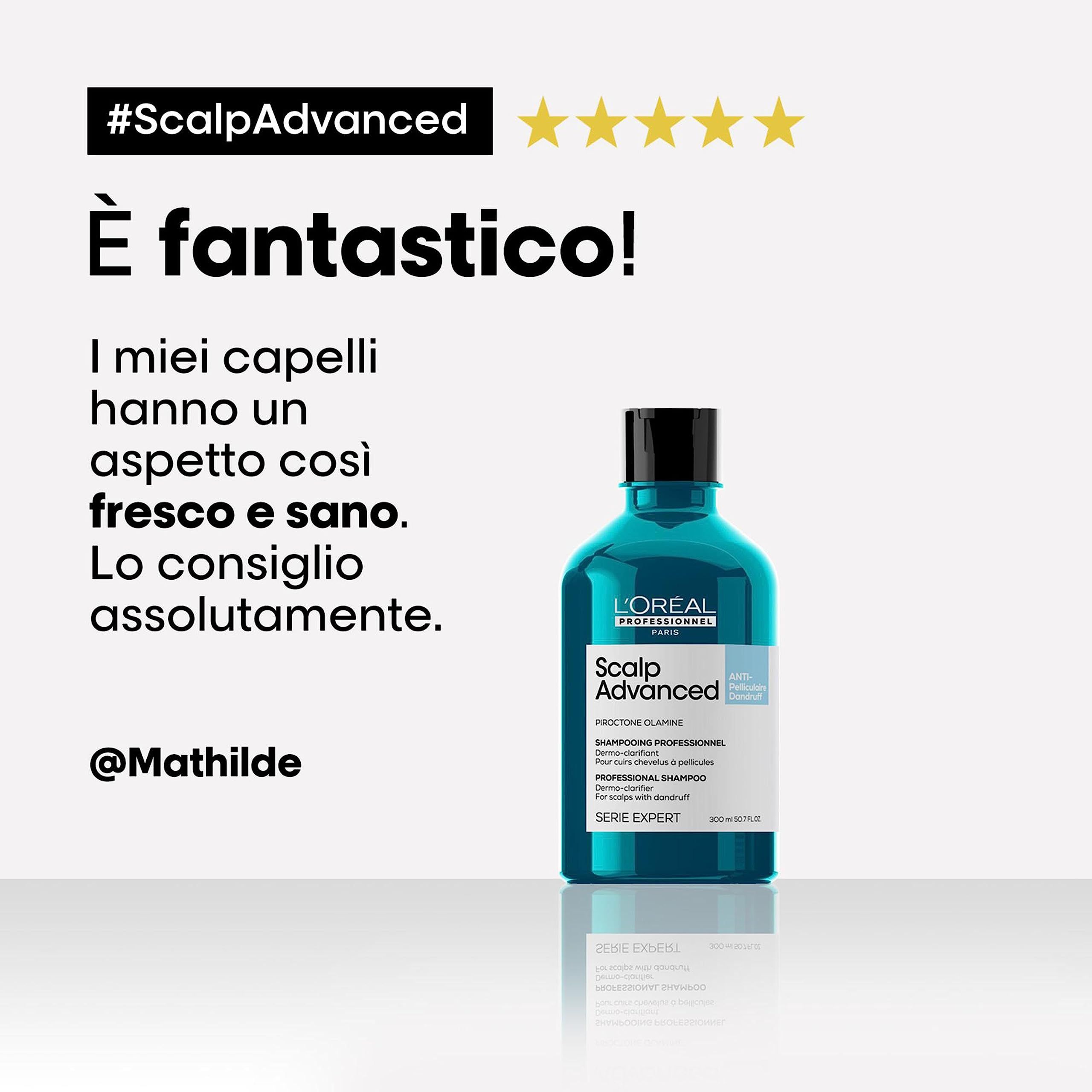 Bottiglia di shampoo turchese con testo: L'Oréal, Scalp Advanced. Valutazione a stelle. Testo: È fantastico! Lo consiglio assolutamente.