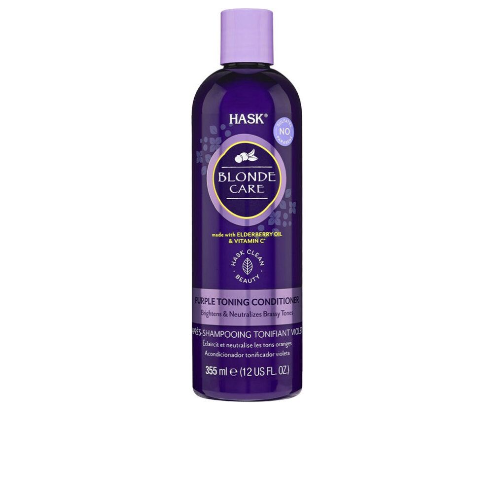 Balsamo tonalizzante viola. Bottiglia con tappo viola. Scritta: Blonde Care, Purple Toning Conditioner.