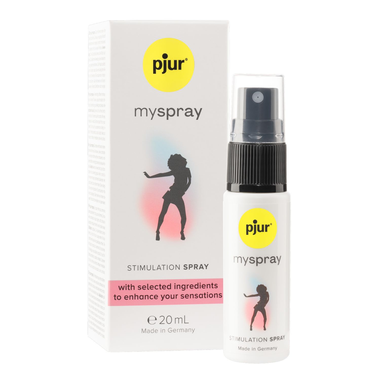 Flaconcino pjur® myspray Spray stimolante accanto a scatola bianca, entrambi con silhouette danzante.