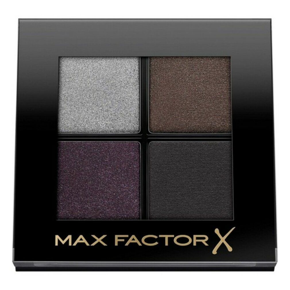 Palette ombretti quadrata con quattro tonalità: argento, marrone, viola e nero. Cornice nera, scritta dorata MAX FACTOR X.