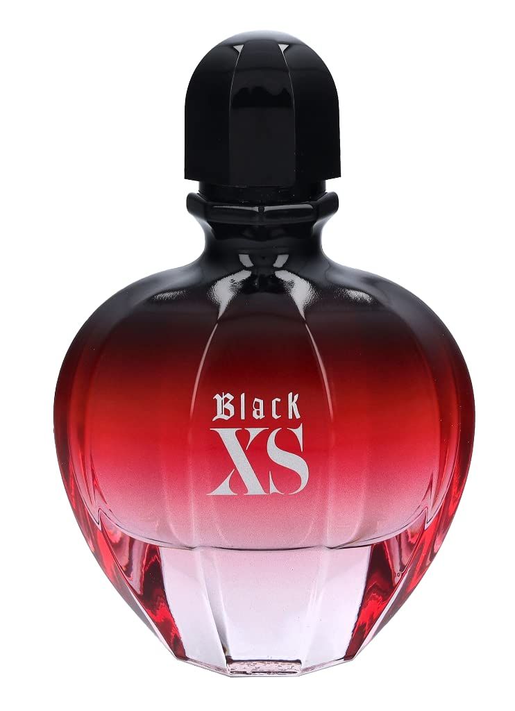 Paco Rabanne Black XS For Her Eau de Parfum Spray. Sfumatura rossa, tappo nero, scritta argentata. Flacone.