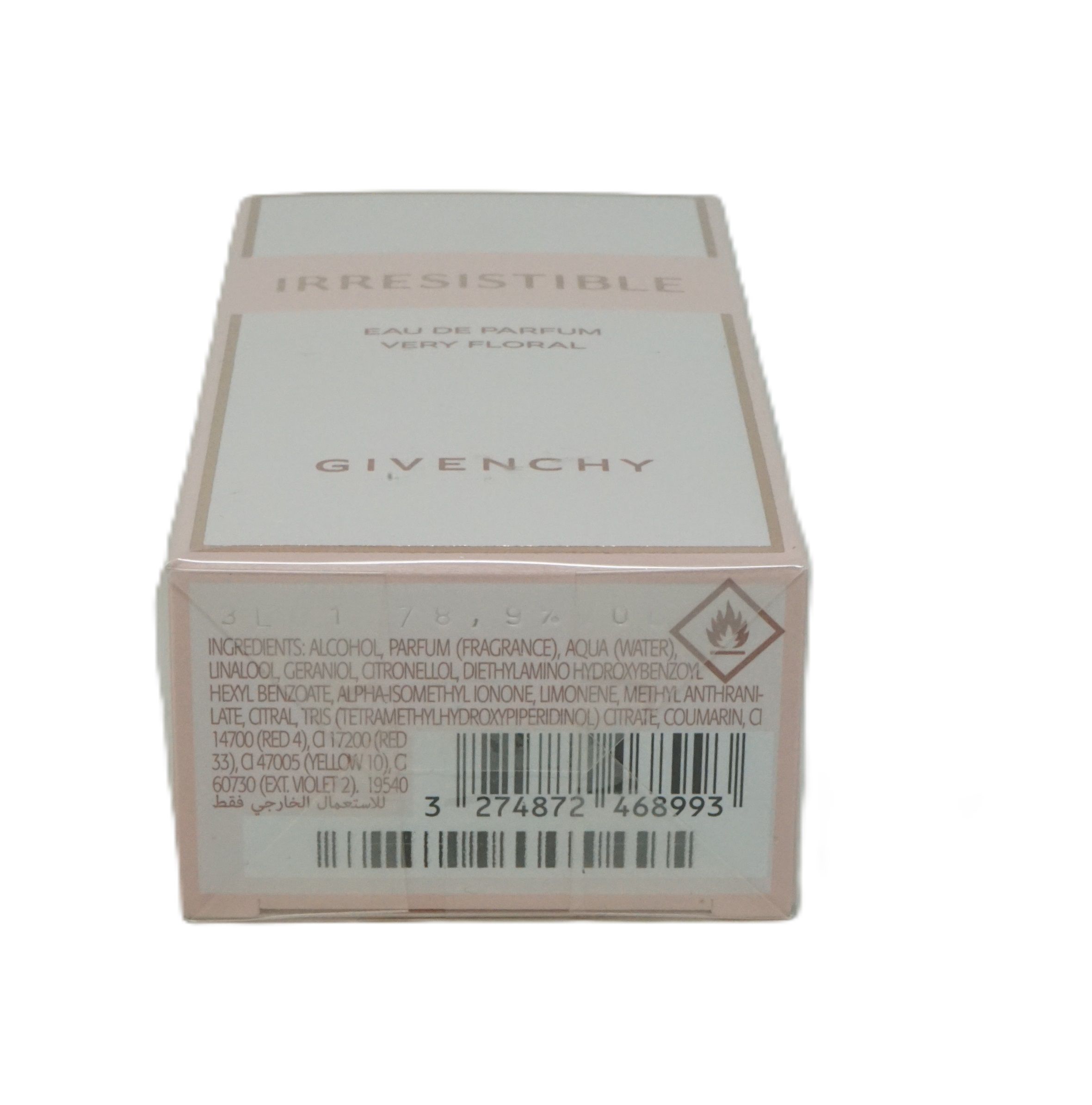 Givenchy Irresistible Very Floral Eau de Parfum. Parte inferiore della confezione con ingredienti e codice a barre.