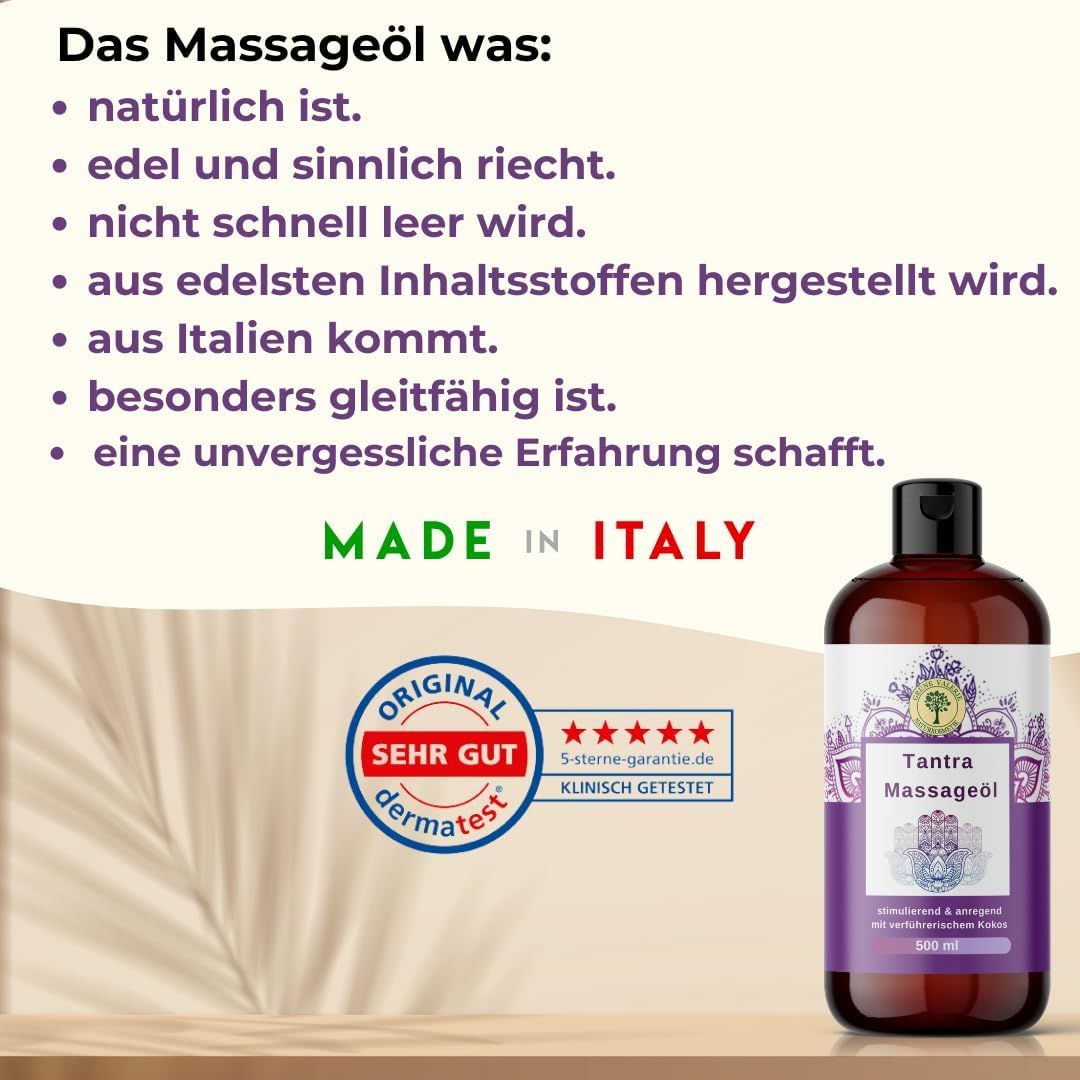 Bottiglia marrone di Tantra Massageöl. Scritta: Tantra Massageöl. Testo: Made in Italy. Sigillo Dermatest. Valutazione 5 stelle.