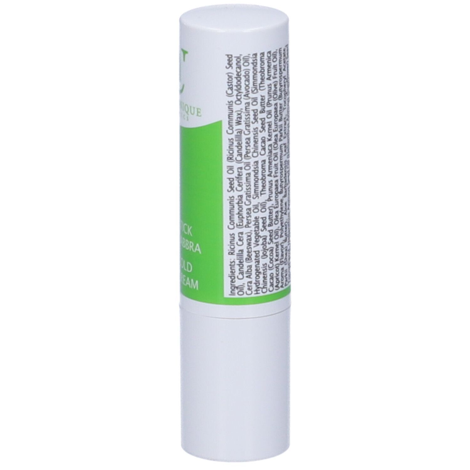 Stick labbra bianco con testo verde. Scritta: Ingredienti, Stick Labbra, Cold Cream.