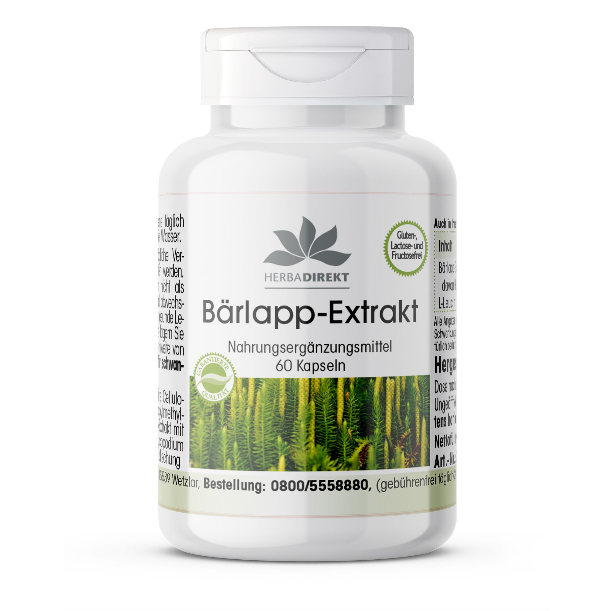 Flacone bianco con capsule. Scritta: Bärlapp-Extrakt, 60 capsule. Logo Herbadirekt. Senza glutine, lattosio e fruttosio.