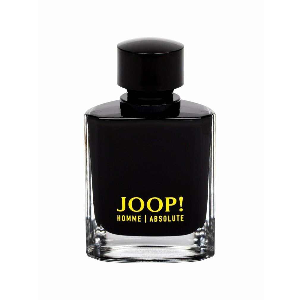 Flacone nero con tappo nero. Scritta gialla: JOOP! HOMME | ABSOLUTE. Forma rettangolare con angoli arrotondati.
