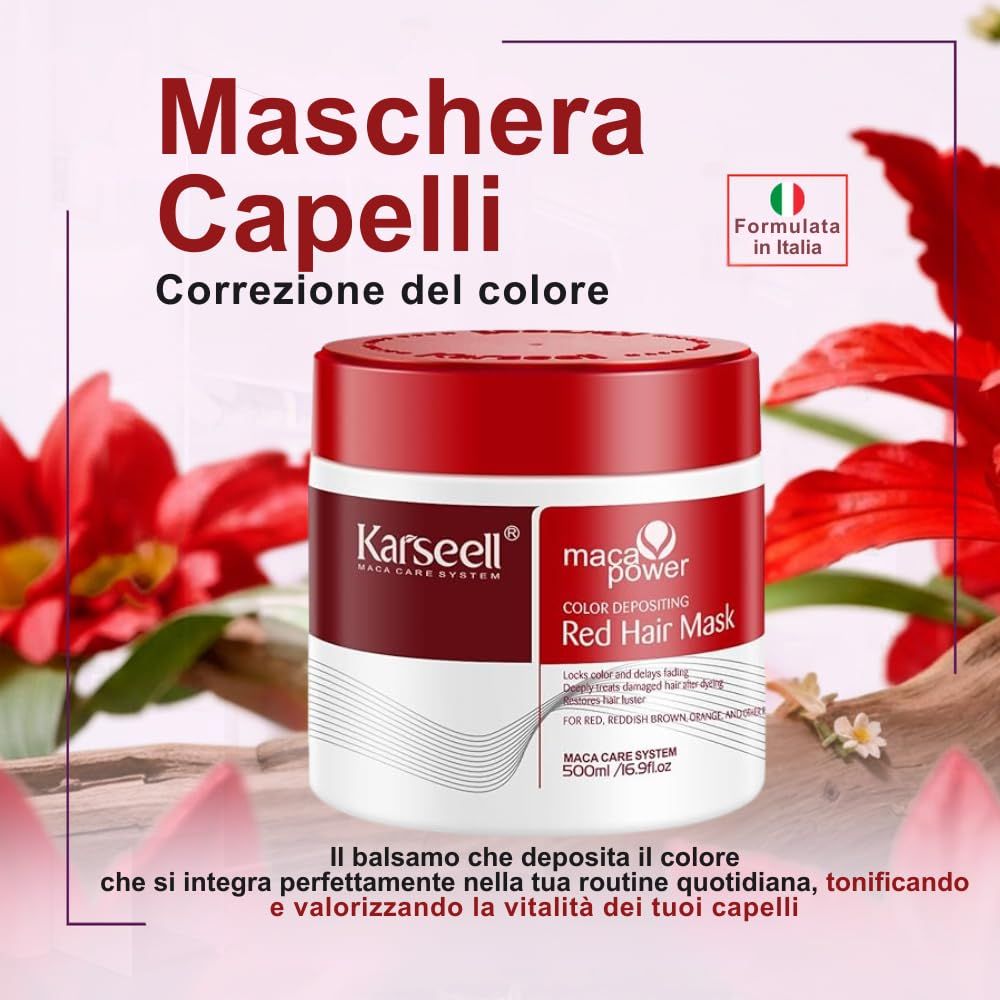 Maschera per capelli rossa Karseell in barattolo rosso, 500ml.