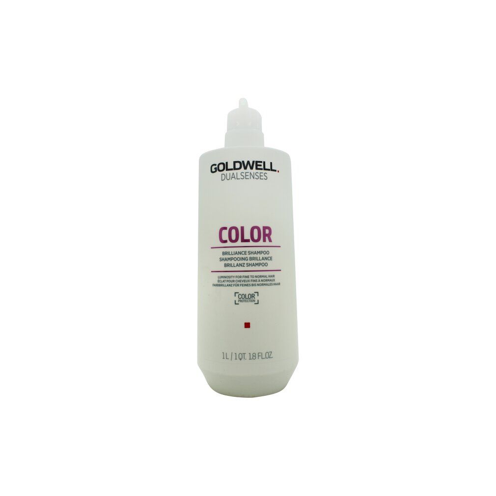 Flacone bianco Goldwell Dualsenses Color Brilliance Shampoo. Testo: COLOR, Brilliance Shampoo. 1L/1Qt 1.8 fl.oz.