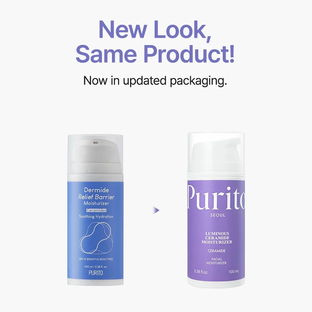 Confronto tra due dispenser di crema. A sinistra: Dermide Relief Barrier Moisturizer. A destra: Purito Seoul Luminous Ceramide Moisturizer. Testo: New Look, Same Product!