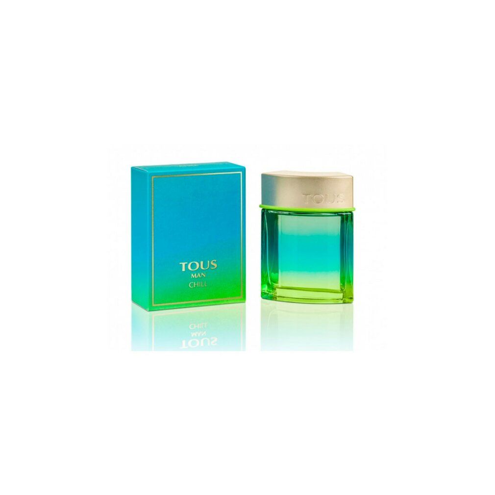 Flacone e scatola Tous Man Chill. Flacone quadrato, verde-blu. Scatola blu-verde con testo dorato. Tous Man Chill.