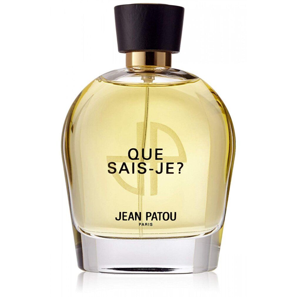 Flacone di profumo con tappo nero e collare dorato. Scritta: QUE SAIS-JE? JEAN PATOU PARIS.