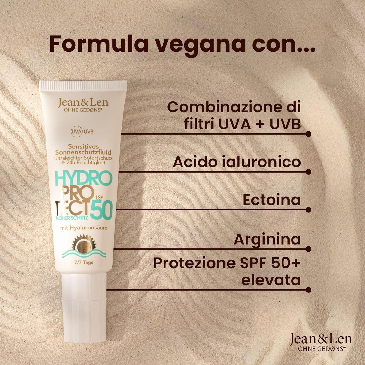 Tubo Jean & Len Sensitiv Sonnenschutzfluid LSF 50. Testo: Hydro Protect, LSF 50, acido ialuronico. Su sabbia. Informazioni testuali.