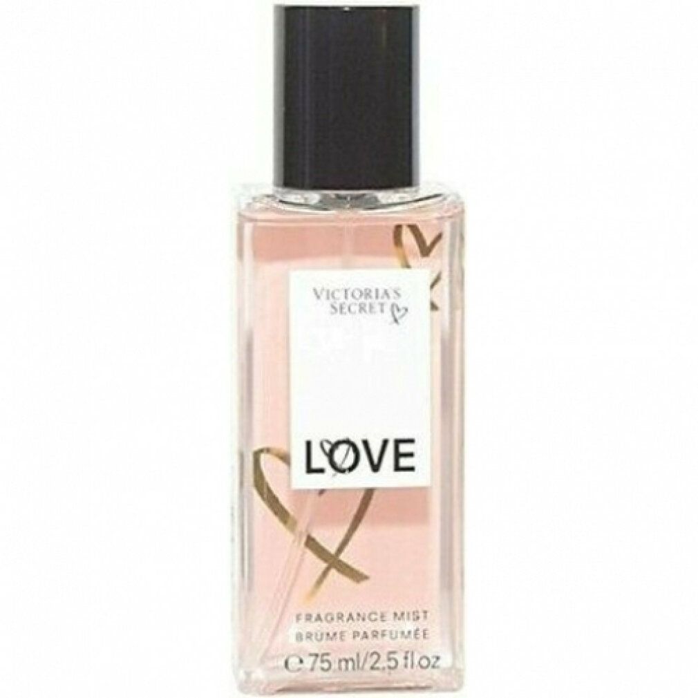 Flacone rettangolare con tappo nero. Scritta "Victoria's Secret LOVE". Grafica a cuore dorata. "Fragrance Mist" e indicazione volume.